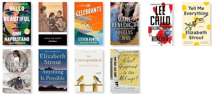 Row 9: Hello Beautiful | Little Women | The Celebrants | The Queens of Crime | Killing Floor | Tell Me Everything 
Row 10: The Nickel Loop | Anything is Possible | The Correspondent | What Happened to the McCrays?